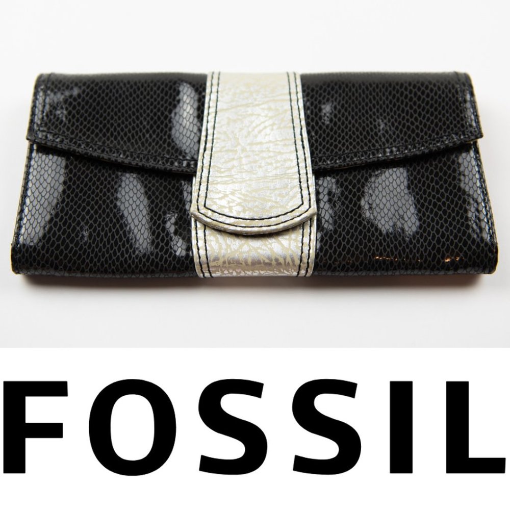 Fossil Python Clutch Leather Purse Handbag Evening Bag Reptile Black Gold